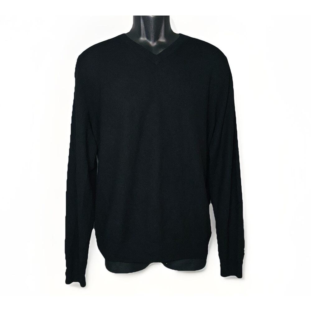 Nordstrom Mens Shop Large 100% 2-Ply Cashmere Luxury V-Neck Sweater Solid‎ Black